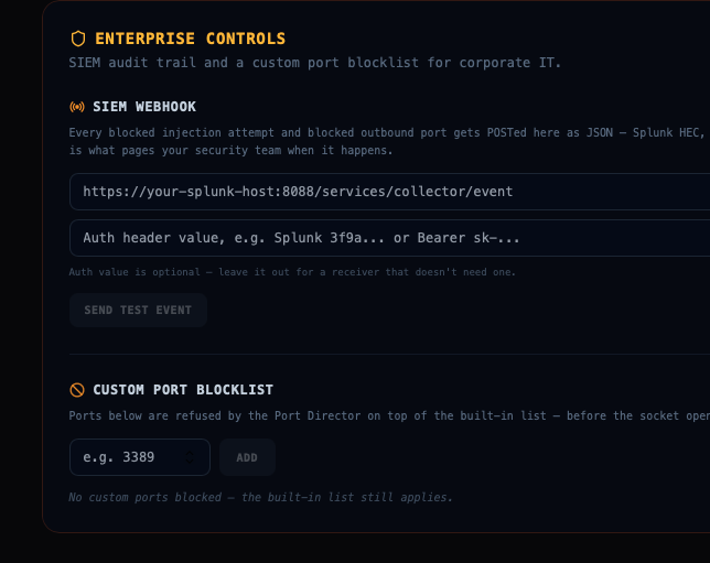 Enterprise controls — SIEM webhook and custom port blocklist configuration
