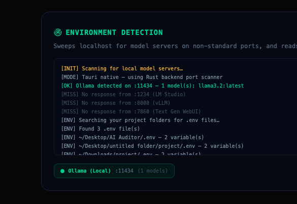 Environment detection sweeping localhost for model servers and reading .env files