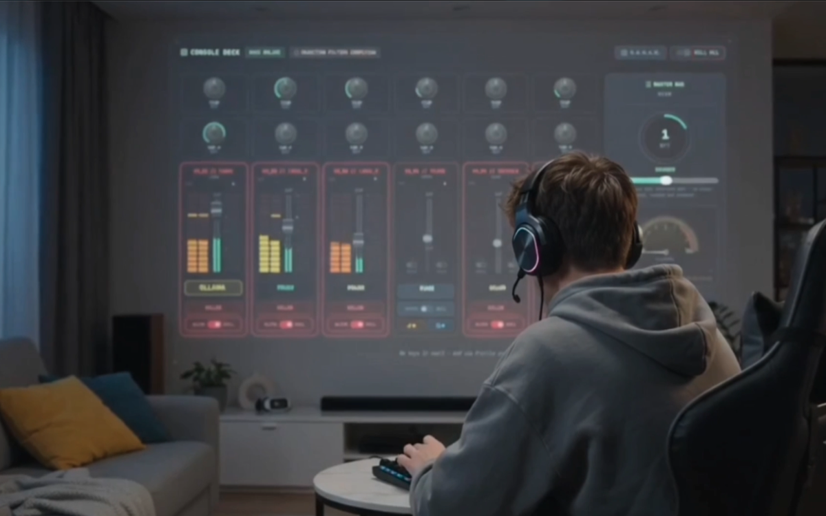 The console projected onto a living room wall while working at a desk